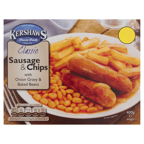 Kershaws Classic Sausage & Chips With Onion Gravy & Baked Beans 400g